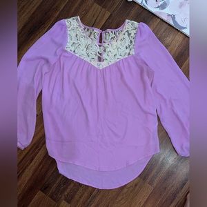 Semi-sheer blouse with mesh and crochet collar.